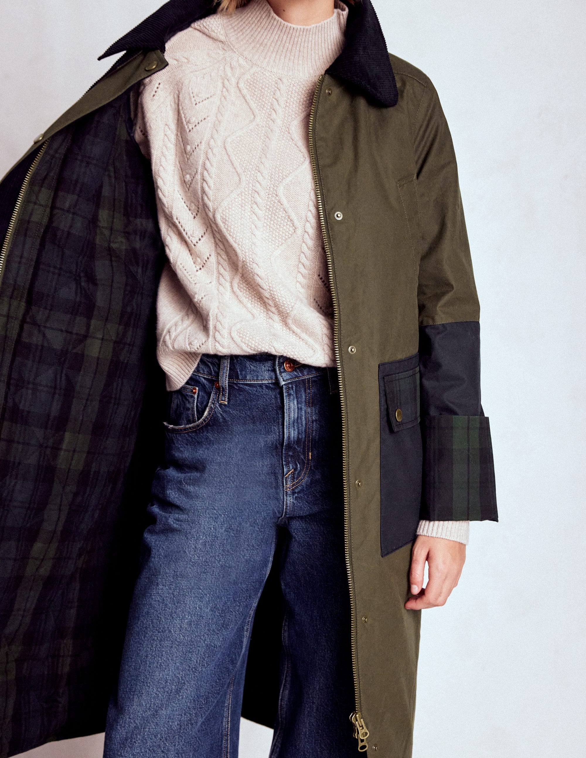Longline Wax Coat-Navy Khaki Colourblock
